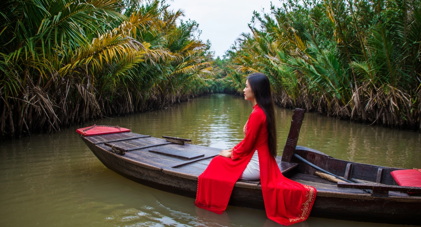 Mekong Delta wooden sampan boat on the river